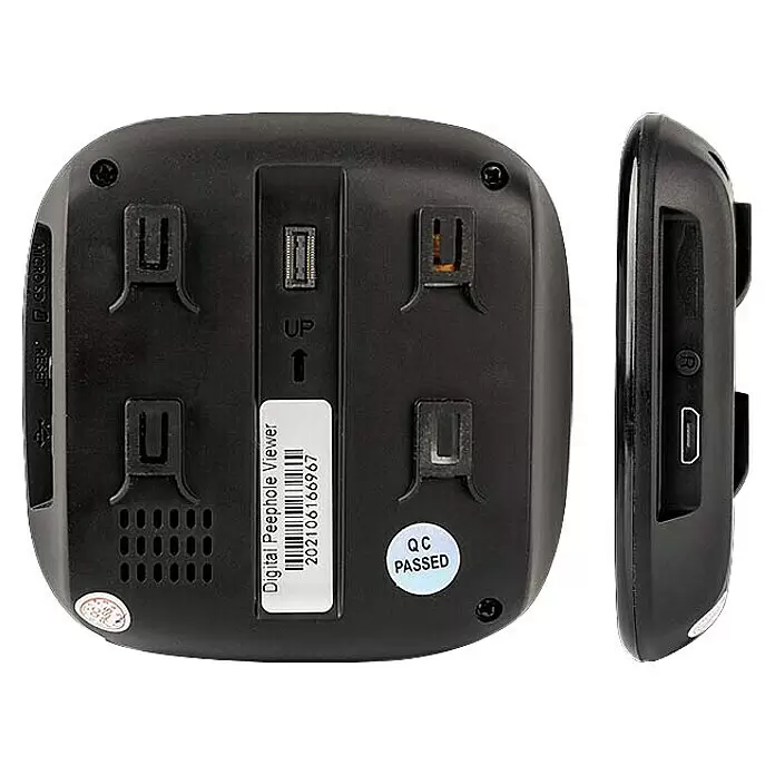 AYR Mirilla digital 9001 - Negro, Grosor de la puerta: 35 mm - 120 mm - Mirilla digital negra, mostrando su parte trasera con ganchos de montaje, ranura micro-SD, botón de reinicio y una vista lateral con puerto micro-USB.