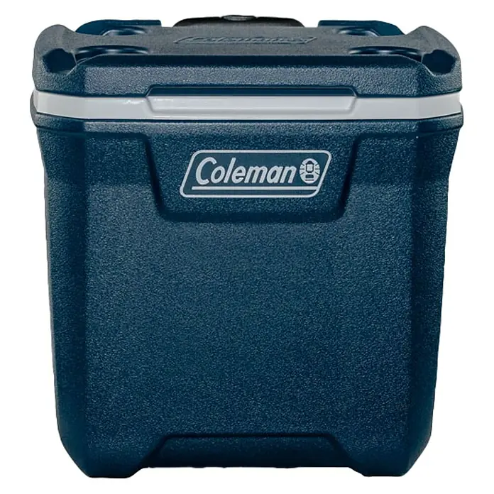 Coleman Nevera de camping 28QT Xtreme™ - 31 x 43 x 47 cm, Azul, 26,5 l - Imagen de una nevera portátil azul de Coleman con logotipo blanco, ideal para actividades al aire libre y para mantener frías las bebidas y los alimentos.
