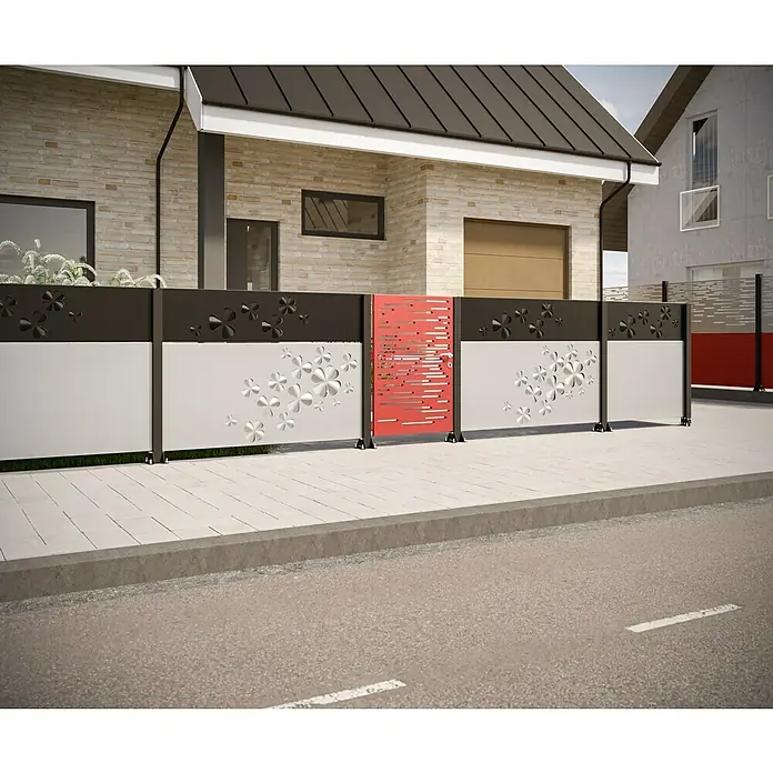 Gabio Zaunelement Glücksklee - 197,5 x 45 cm, Stahl, Anthrazit - Moderne Gartenzaun-Paneele in Schwarz, Weiß und Rot mit dekorativen Ausschnitten. Dieser stilvolle Zaun bietet Privatsphäre und Ästhetik.