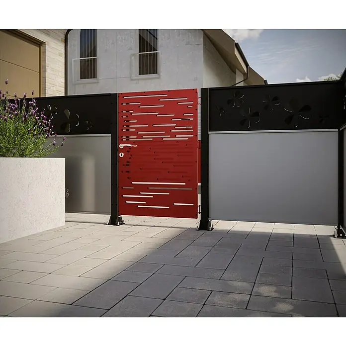 Gabio Zaunelement Glücksklee - 197,5 x 45 cm, Stahl, Anthrazit - Moderne Gartenabtrennung mit roter Tür, schwarzen Elementen und Pflanzkübel. Stilvolles Design für den Außenbereich.