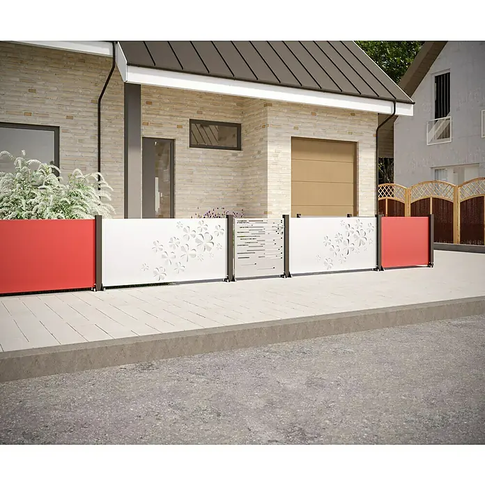 Gabio Zaunelement Glücksklee - 197,5 x 90 cm, Stahl, Weiß - Rote, weiße und graue Outdoor-Sichtschutzwände aus Metall, die Privatsphäre und Stil für jeden Außenbereich bieten.