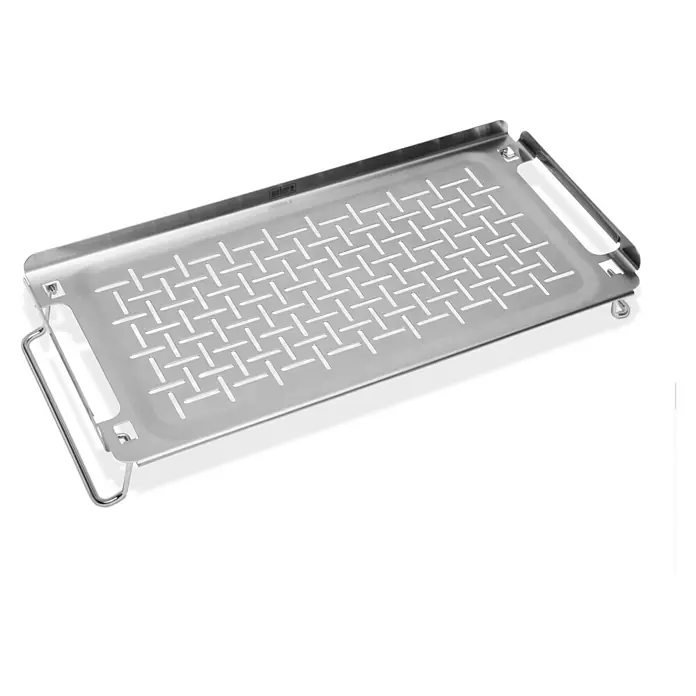 Weber Warmhalterost für Grillplatten - Passend für: Grillplatten / Plancha Grills, Edelstahl, L x B x H: 42 x 20 x 6,6 cm - Abgebildet ist ein Weber Grillkorb aus Edelstahl mit Griffen, ideal zum Grillen von Gemüse und kleineren Speisen.