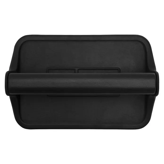 Weber Fleischbeschwerer - Gusseisen - Draufsicht auf eine schwarze Gewichtsbeutelpresse mit Griff, ideal für Burger oder Sandwiches. Gleichmäßiges Anbraten von Lebensmitteln leicht gemacht.