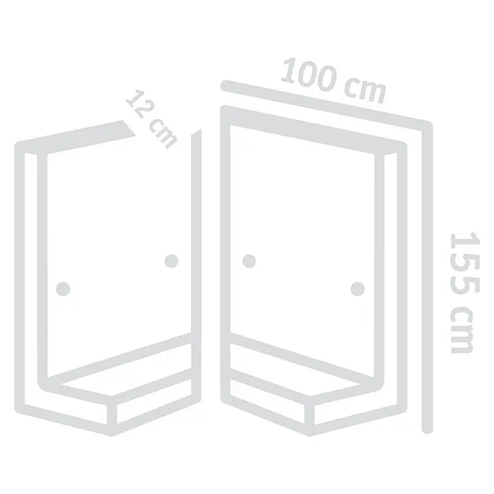 Diephaus L-Stein Außenecke - 155 cm, 100 cm, Stärke: 12 cm, Grau - Bild einer Duschkabine mit den Maßen 100 cm x 155 cm und einer Tiefe von 12 cm, dargestellt in einer technischen Zeichnung.