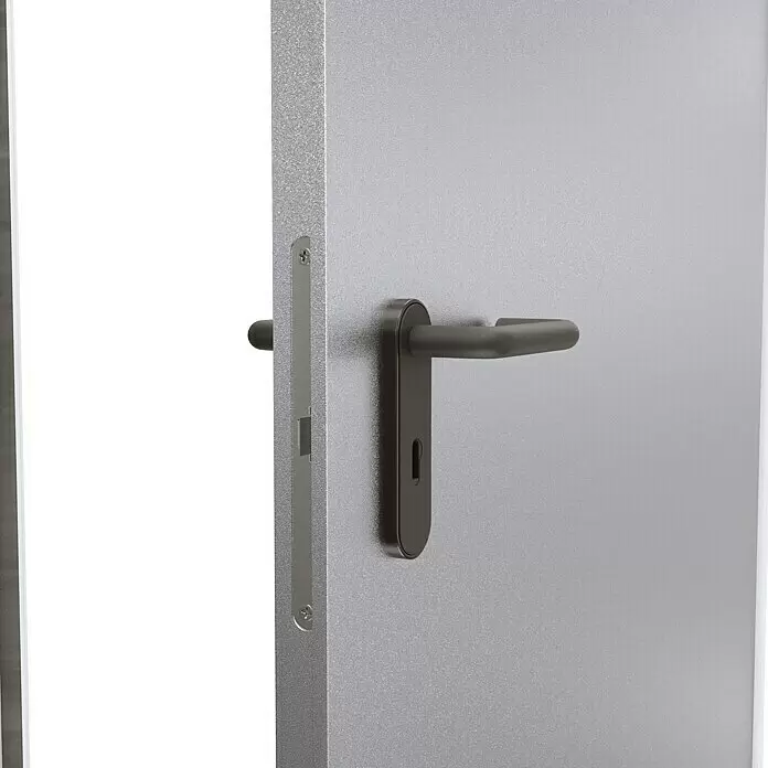 Padilla ZK-Element Classic Plus - 100 x 200 cm, DIN Anschlag: Rechts, Verzinkt - Graue Metalltür, teilweise offen, mit schwarzem Griff und sichtbarem Riegelmechanismus.