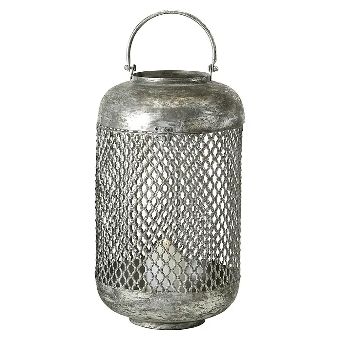 Windlicht Virdis - Ø x H: 25 x 44 cm, Silber - Silberne Laterne mit dekorativem Netzmuster und Tragegriff. Die Laterne strahlt ein sanftes, stimmungsvolles Licht aus.