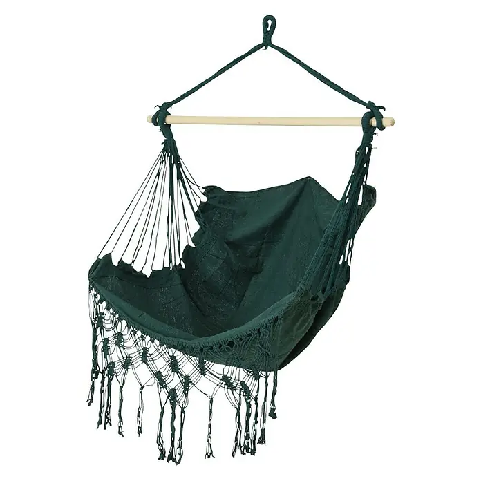 Hamaca individual Granada - L x An: 130 x 30 cm, Colores surtidos - Silla colgante verde oscuro con flecos, ideal para la relajación interior y exterior. Un asiento cómodo para momentos de tranquilidad.
