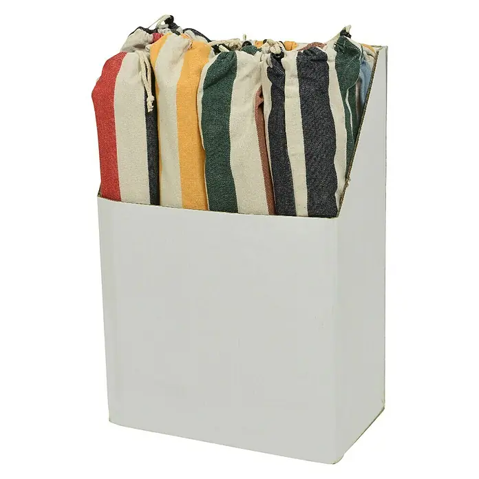 Hamaca individual Aruba - L x An: 200 x 80 mm, Colores surtidos - Conjuntos de hamacas a rayas de colores en una caja de almacenamiento blanca. Perfecto para relajarse al aire libre.