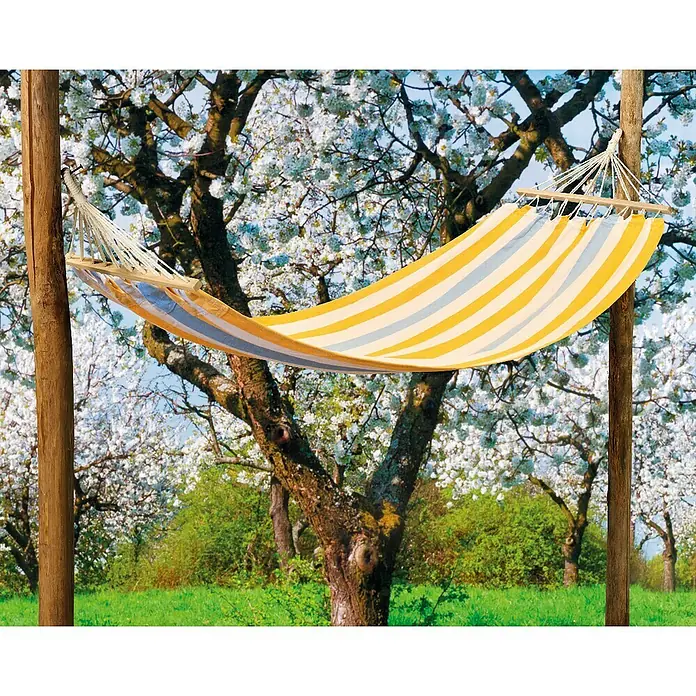 Hamaca individual Aruba - L x An: 200 x 80 mm, Colores surtidos - Una hamaca rayada en tonos amarillos y azules está extendida entre dos postes de madera en un jardín con árboles en flor.