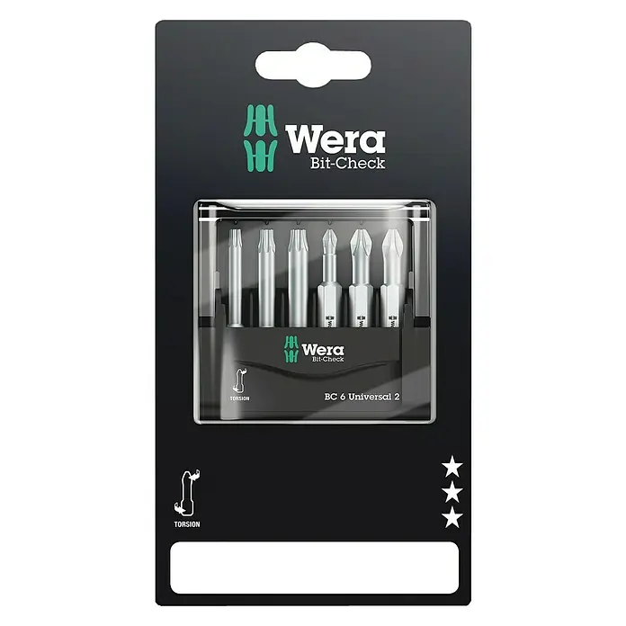 Wera Bit-Set Mini-Check - ¼″ Sechskant, 6 -tlg. - Verpackung des Wera Bit-Check BC 6 Universal 2. Das Set enthält verschiedene Schrauberbits für universelle Anwendungen.