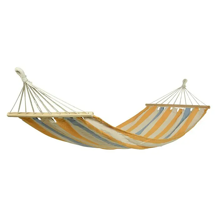 Hamaca individual Aruba - L x An: 200 x 80 mm, Colores surtidos - Una hamaca a rayas amarilla, blanca y azul, perfecta para relajarse en el jardín o en el patio. Ideal para tardes de verano.