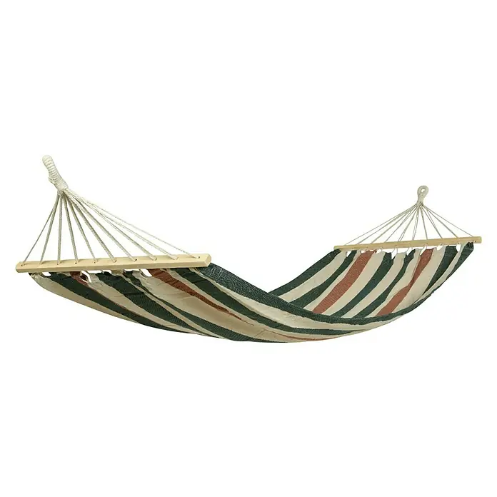 Hamaca individual Aruba - L x An: 200 x 80 mm, Colores surtidos - Hamaca rayada con barra separadora de madera y suspensión de cuerda blanca para horas de relax en el jardín o en el patio.