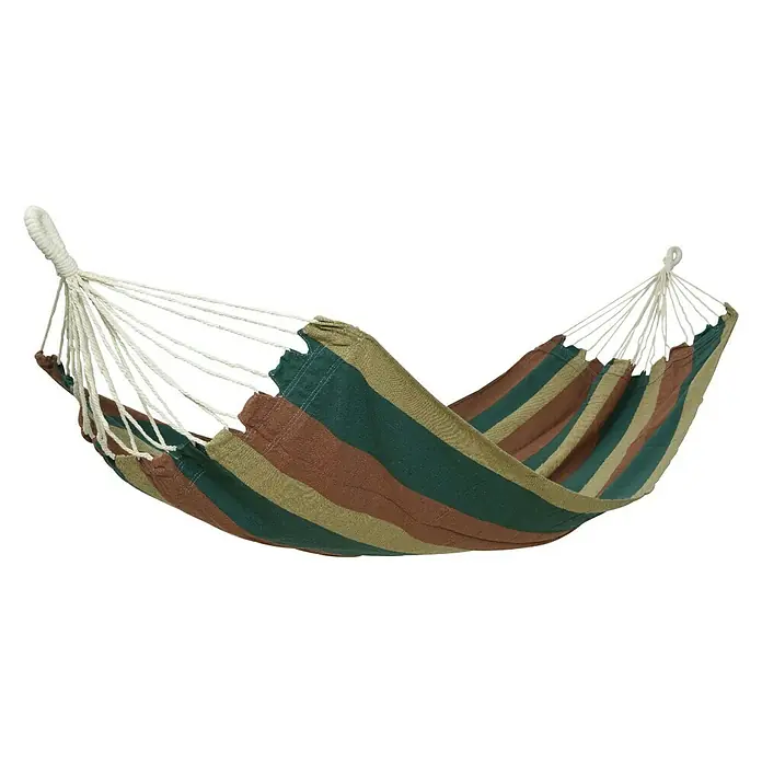 Hamaca individual Haití - L x An: 200 x 100 mm, Colores surtidos - Una hamaca rayada en tonos marrón, verde y beige, que invita a la relajación. Perfecta para jardines, balcones o salidas de camping.