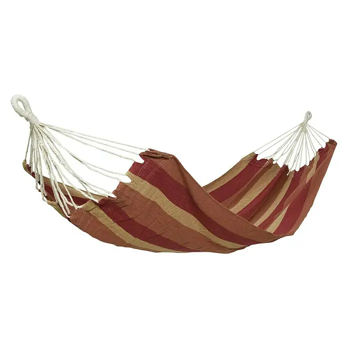 Hamaca individual Haití - L x An: 200 x 100 mm, Colores surtidos - Hamaca de rayas rojas y marrones con cuerdas blancas, ideal para relajarse en el jardín o en el patio.