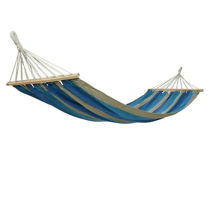 Hamaca individual Cancún - L x An: 200 x 80 cm, Colores surtidos - Hamaca a rayas azules y marrones con barras separadoras de madera y colgadores de cuerda, ideal para relajarse en el jardín o en el patio.