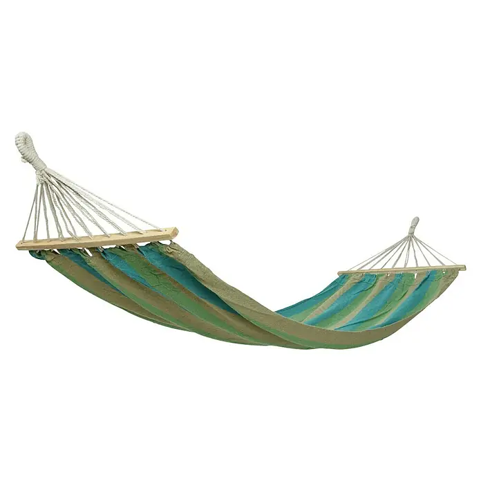 Hamaca individual Cancún - L x An: 200 x 80 cm, Colores surtidos - Hamaca a rayas verdes y azules, sujeta a barras de madera con cuerdas. Relájate y disfruta al aire libre con esta cómoda hamaca.