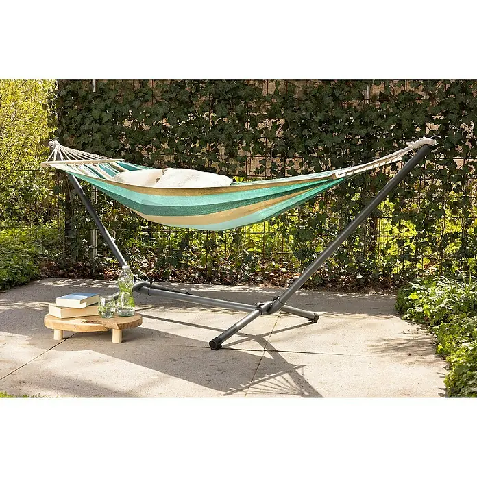Gancho individual - L x An x Al: 300 x 93 x 105 cm, Carga soportada: 150 kg - Hamaca acogedora con estructura de acero para horas de relax en el jardín o en la terraza. Incluye cojín para mayor comodidad.