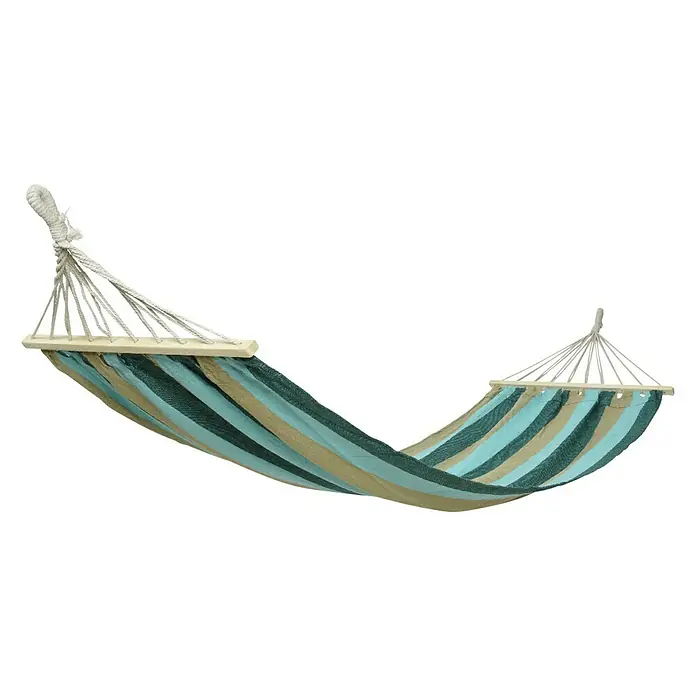 Hamaca individual Cancún - L x An: 200 x 80 cm, Colores surtidos - Hamaca a rayas azul y beige con barras de madera para relajarse en el jardín o en la terraza.