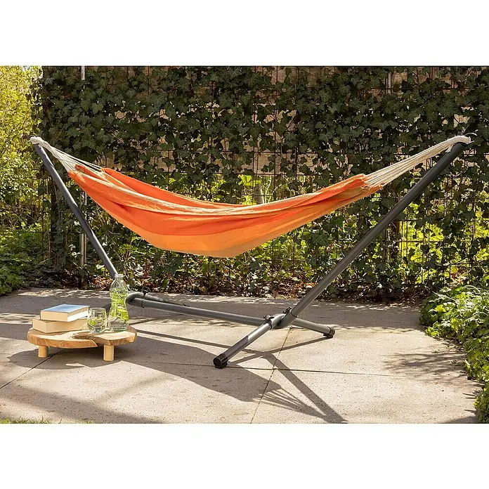 Gancho individual - L x An x Al: 300 x 93 x 105 cm, Carga soportada: 150 kg - Acogedora hamaca naranja con soporte para el jardín, perfecta para relajarse con un libro y una bebida en un día soleado.
