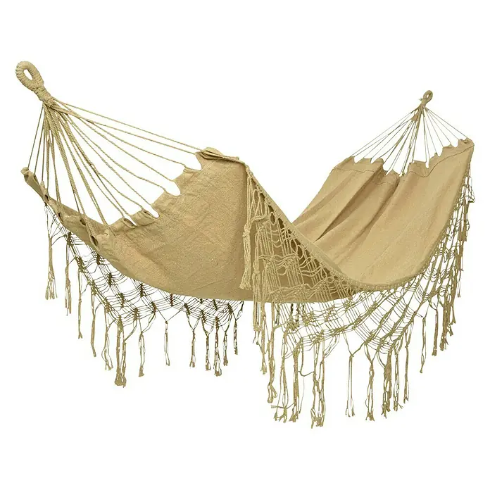Hamaca individual Belice - L x An: 290 x 100 cm, Colores surtidos: arena, verde y rojo - Una hamaca beige con borlas, perfecta para la relajación y para añadir un toque bohemio a cualquier espacio.