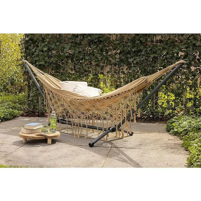 Hamaca individual Belice - L x An: 290 x 100 cm, Colores surtidos: arena, verde y rojo - Relájate con estilo en esta hamaca de exterior con flecos decorativos, almohadas y una práctica mesa auxiliar para libros y bebidas.