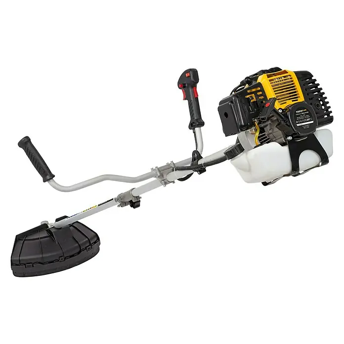 PowerPlus Desbrozadora de gasolina POWXG30412 - 1,4 kW, 52 cm³, Ancho de corte hilo: 42 cm, Ancho de corte cuchilla: 25,5 cm - Desbrozadora con motor amarillo y negro y protección negra. Ideal para trabajos de jardinería.