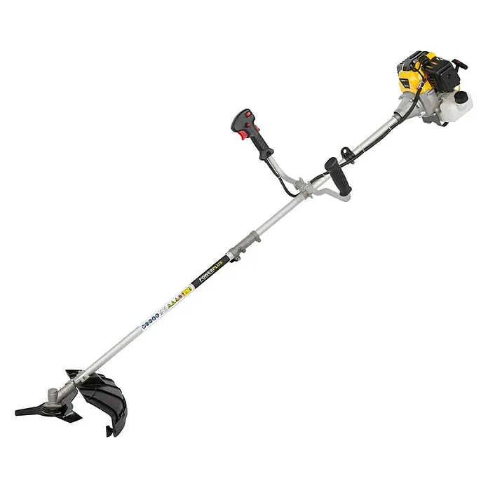 PowerPlus Desbrozadora de gasolina POWXG30412 - 1,4 kW, 52 cm³, Ancho de corte hilo: 42 cm, Ancho de corte cuchilla: 25,5 cm - La imagen muestra una desbrozadora Powerplus con motor amarillo y cabezal de corte, ideal para hierba y malas hierbas.