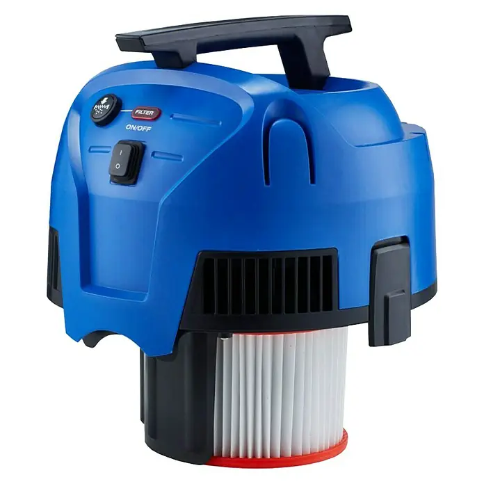 Nilfisk Elektro-Nass- & Trockensauger Multi II 22 Inox - 1.200 W, Behältervolumen: 22 l, Mit Beutel - Abbildung eines blauen Nass- und Trockensaugers mit Filter. Ideal für die Reinigung von Schwimmbecken und Teichen.