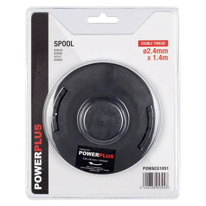 PowerPlus Cabezal de corte POWEG8012 - Grosor de hilo: 2,4 mm - Imagen de una bobina Powerplus con doble hilo, diámetro de 2,4 mm x longitud de 1,4 m, envasada en plástico transparente.