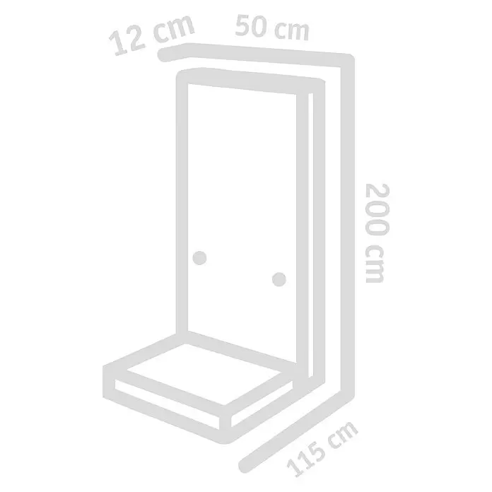 Diephaus L-Stein - 205 cm, 50 cm, Stärke: 12 cm, Grau - Eine hellgraue Umrisszeichnung einer Eckduschkabine mit 200 cm Höhe, 115 cm Tiefe, 50 cm Breite und einer 12 cm Platte.