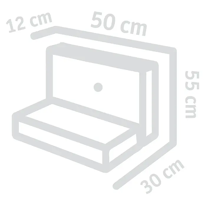 Diephaus L-Stein - 55 cm, 50 cm, Stärke: 12 cm, Grau - Darstellung eines zweistufigen Regals mit Breiten- und Höhenmaßen, ideal für kompakte Stauraumlösungen.