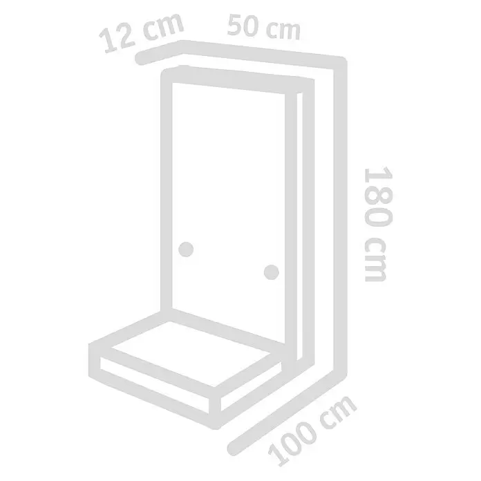 Diephaus L-Stein - 180 cm, 50 cm, Stärke: 12 cm, Grau - Technisches Diagramm einer Eckduschkabine mit Maßen: 100x100x180 cm, einer 50 cm breiten Tür und 12 cm Rahmentiefe.