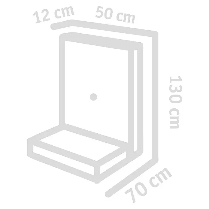 Diephaus L-Stein - 130 cm, 50 cm, Stärke: 12 cm, Grau - Hellgraue Skizze eines wandmontierten C-förmigen Regals, mit Tiefen (12, 70 cm), Breite (50 cm) und Höhe (130 cm).