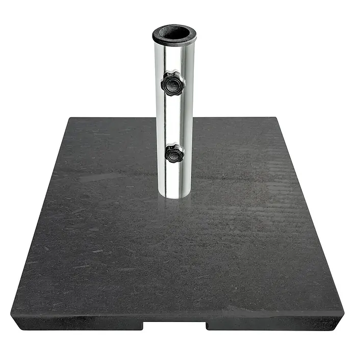 Sunfun Schirmständer - 40 kg, Geeignet für: Rohrdurchmesser 38 - 48 mm, 50 x 50 cm - Ein quadratischer, schwarzer Sonnenschirmständer mit einer glänzenden, silbernen Halterung in der Mitte für einen stabilen Halt des Schirms.