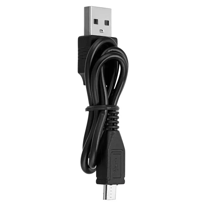 REV LED-Akkustrahler - 500 lm, Lichtfarbe: Tageslichtweiß, IP44 - Ein schwarzes USB-Kabel mit USB-A- und Micro-USB-Anschlüssen ist aufgewickelt und mit einem Kabelbinder befestigt.