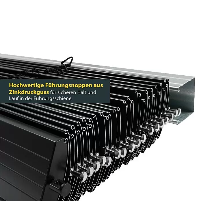 Schellenberg Raffstore Express - 140 x 260 cm - Schwarze Rollladenlamellen mit silbernen Zinkdruckguss-Führungsnoppen für sicheren Halt und Lauf in der Führungsschiene.