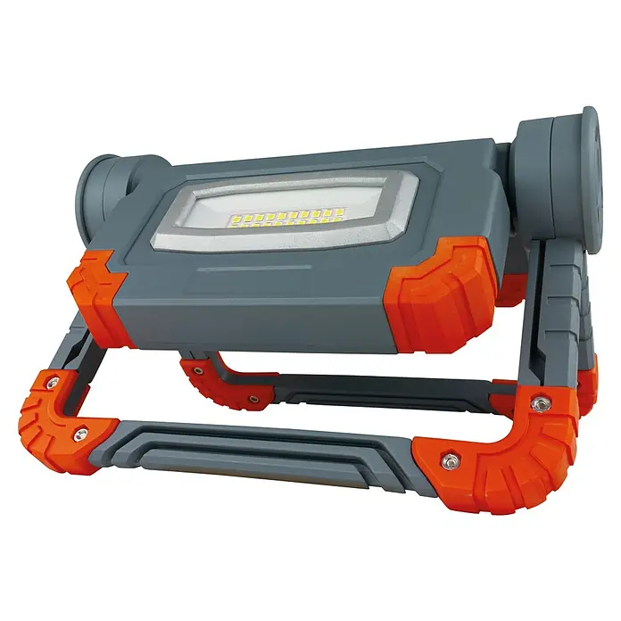 REV LED-Akkustrahler Flex-Power - 1.000 lm, Lichtfarbe: Tageslichtweiß, IP20 - Robustes LED-Arbeitslicht mit grauem Gehäuse und orangefarbenen Akzenten, ideal für Baustellen und Werkstätten.