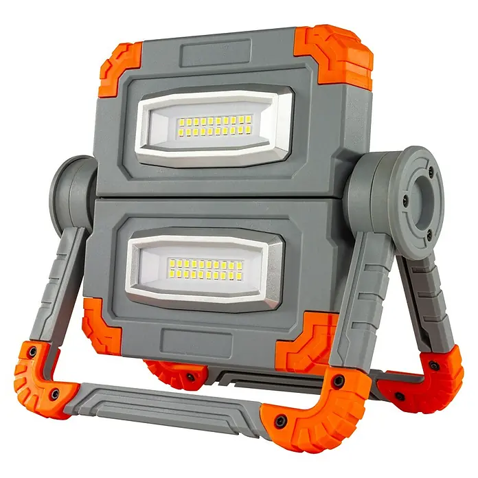 REV LED-Akkustrahler Flex-Power - 1.000 lm, Lichtfarbe: Tageslichtweiß, IP20 - Tragbarer LED-Arbeitsstrahler mit zwei Leuchten, ideal für Baustellen oder Werkstätten, robustes Design in Grau und Orange.