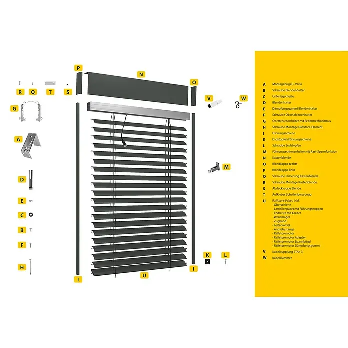 Schellenberg Raffstore Express - 140 x 260 cm - Bild einer Jalousie mit hervorgehobenen Bauteilen. Detailreiche Darstellung der Jalousiekomponenten und ihrer Anordnung für eine einfache Montage.