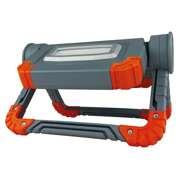 REV LED-Akkustrahler Flex-Power - 1.000 lm, Lichtfarbe: Tageslichtweiß, IP20 - Ein grauer, orange akzentuierter Arbeitsstrahler mit LED-Leuchte und verstellbarem Ständer für flexible Beleuchtungslösungen.