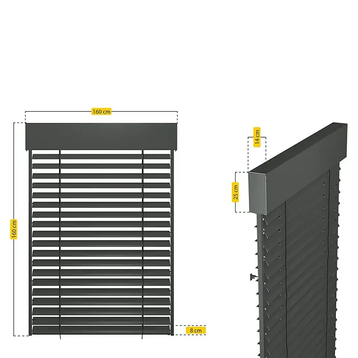 Schellenberg Raffstore Express - 160 x 160 cm - Abbildung einer schwarzen Jalousie mit Maßangaben für Breite, Höhe und Tiefe. Präzise Details für Ihre Fenster.