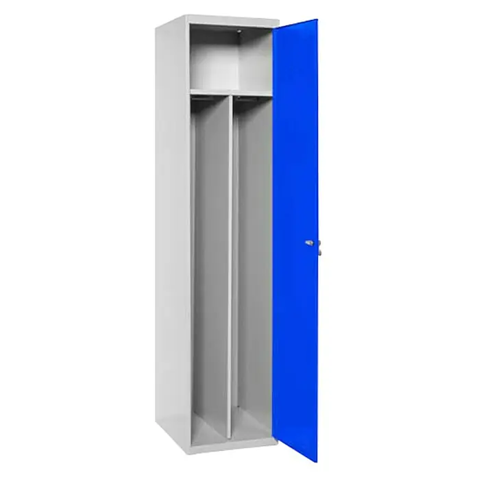 Simonrack Simonlocker Taquilla Prof. Single-Divider Inicial Desmontada - L x An x Al: 50 x 40 x 180 cm, Número de puertas: 1 ud., Gris/Azul - Armario metálico gris abierto con puerta azul y estanterías, ideal para el almacenamiento. Perfecto para oficinas o talleres.