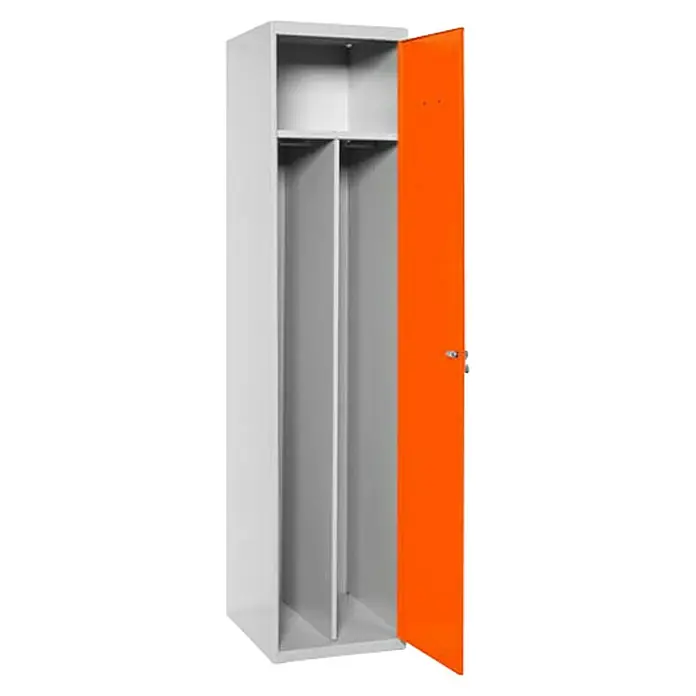 Simonrack Simonlocker Taquilla Prof. Single-Divider Inicial Desmontada - L x An x Al: 50 x 40 x 180 cm, Número de puertas: 1 ud., Gris/Naranja - Taquilla abierta con un estante y dos compartimentos divididos por una partición, con una puerta naranja.