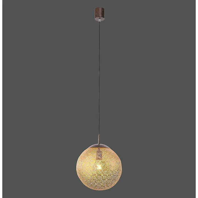 Paul Neuhaus Greta Lámpara colgante redonda - Altura: 140 cm - Una sola lámpara colgante presenta un diseño dorado en forma de globo y herrajes marrones sobre un fondo gris.