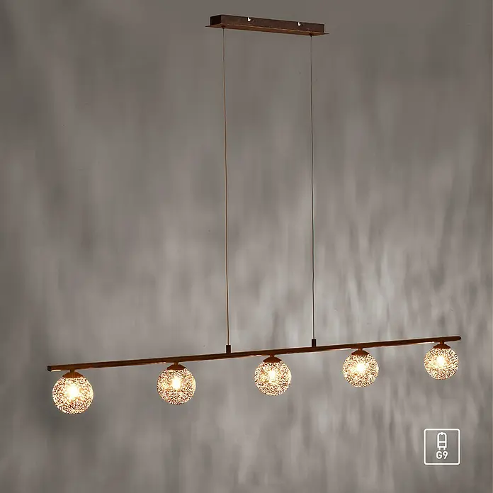 Paul Neuhaus Greta Lámpara colgante - G9, Altura: 150 cm - Elegante lámpara colgante con cinco pantallas esféricas de filigrana en una barra horizontal, perfecta para iluminación elegante.
