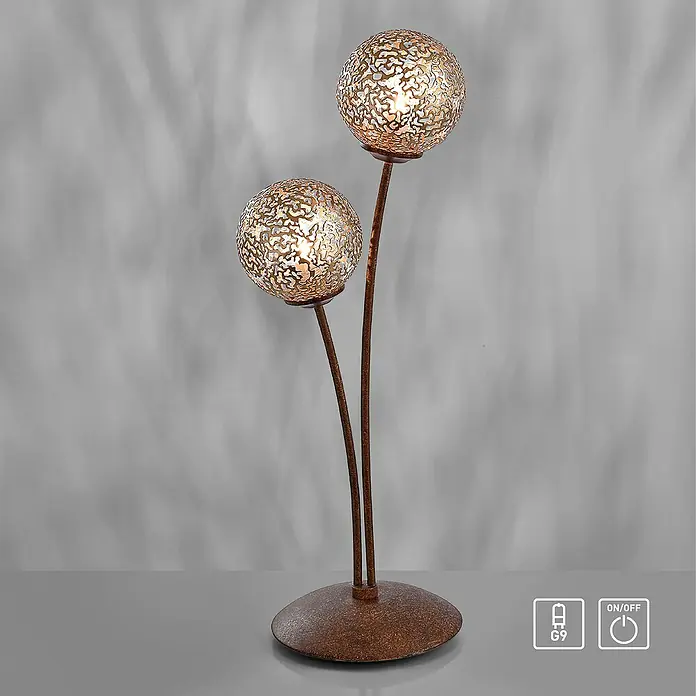 Paul Neuhaus Greta Tischleuchte - 80 W, Rost, Gold, G9 - Dekorative Tischleuchte mit zwei Kugeln und einem filigranen Muster, die ein warmes Licht erzeugt. Ideal für stimmungsvolle Beleuchtung.