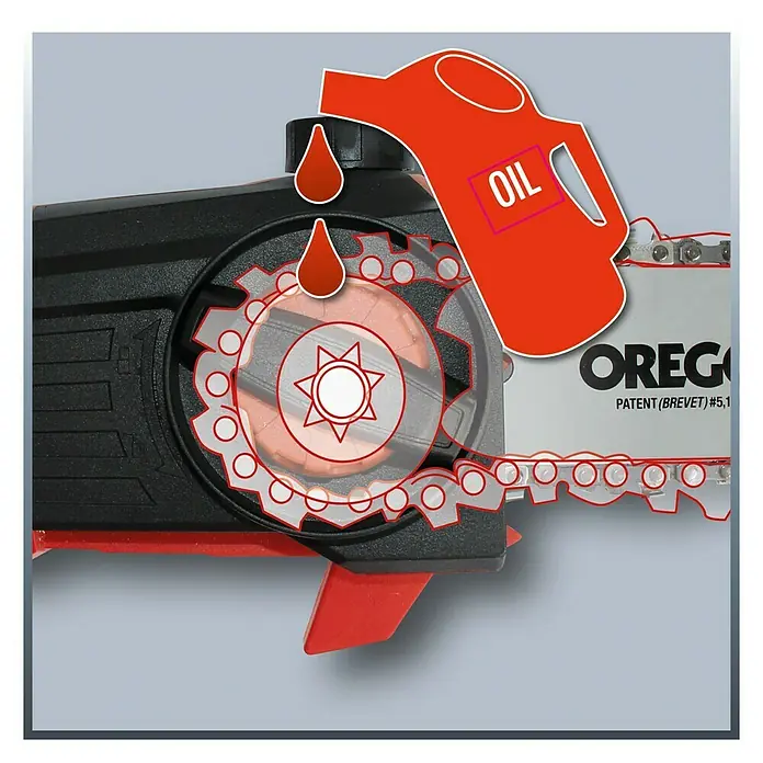 Einhell PXC 18V Podadora telescópica de batería GE-LC 18 Li T-Solo - 18 V, Iones de litio, Sin batería, Longitud de corte: 17 cm - Ilustración de una motosierra lubricada con aceite para asegurar un funcionamiento suave y el mantenimiento del equipo.