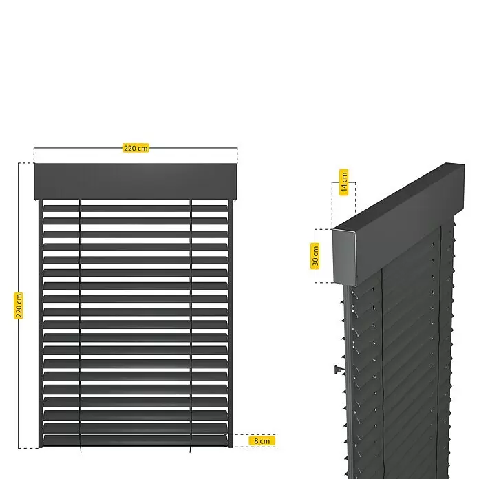 Schellenberg Raffstore Express - 220 x 220 cm - Dunkelgraue Jalousien, 220 cm breit und 220 cm hoch, mit 14 cm tiefem Kopfteil.