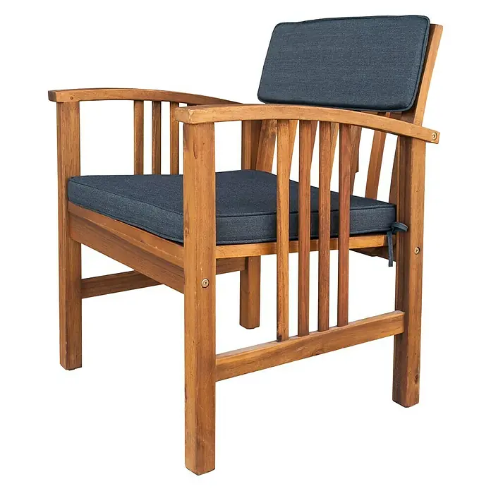 Sunfun Loungemöbel-Set Diana - 4 -tlg., Akazie, Naturbraun/Grau - Elegante Holzarmlehnenstuhl mit dunkelblauen Kissen für Komfort und Stil, ideal für den Außenbereich.