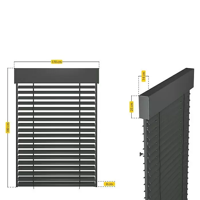 Schellenberg Raffstore Express - 170 x 180 cm - Dunkelgraue Horizontaljalousien, 170 cm breit und 180 cm hoch, mit Tiefenmaßen von 14 cm, 25 cm und 8 cm.